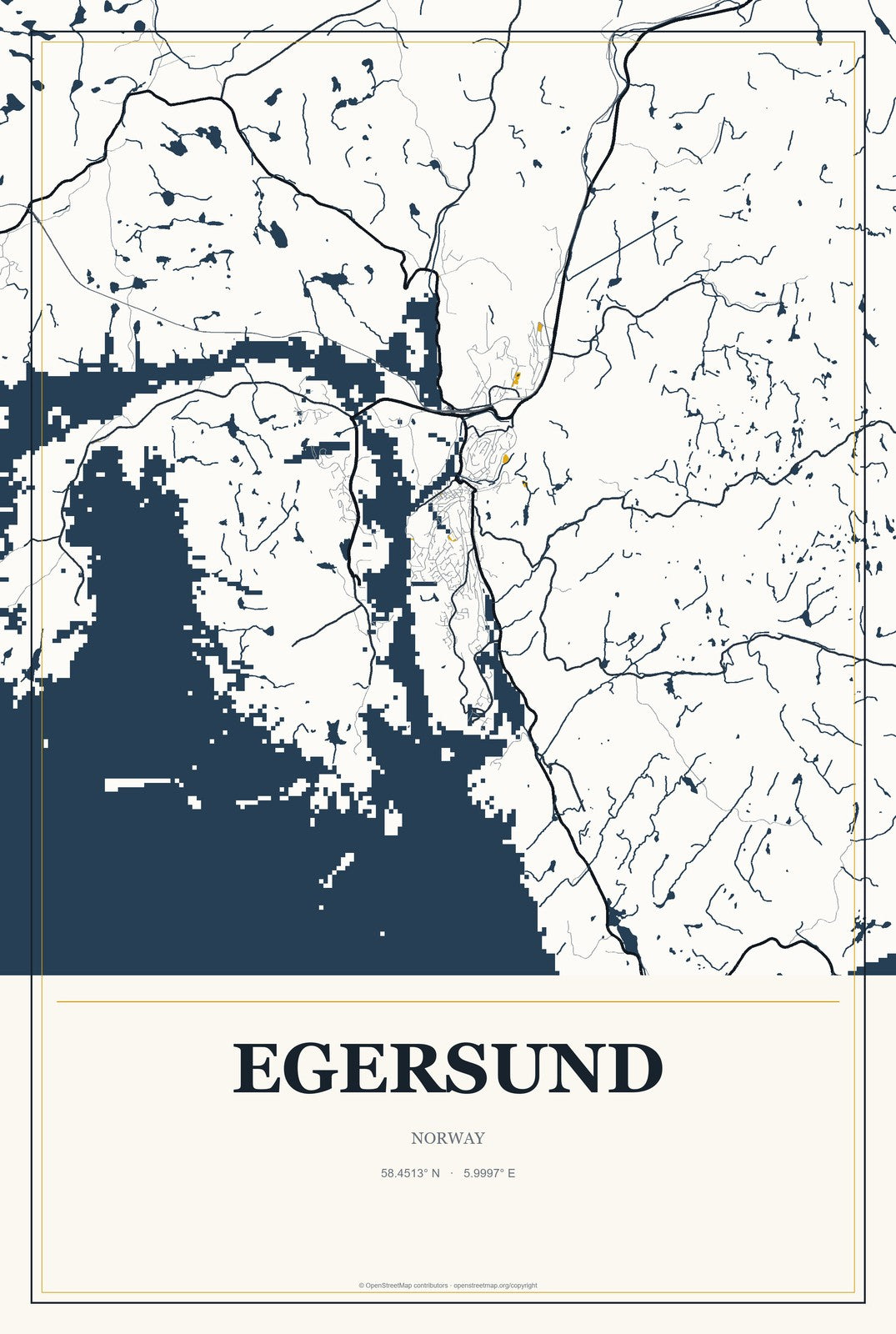 Egersund, Norway City Map Aluminum Sign in Citrine Modern style