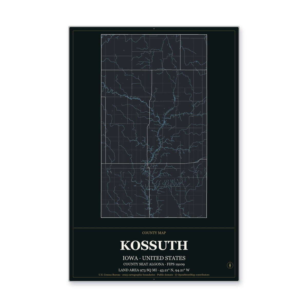 Kossuth County, Iowa Map Aluminum Sign in Metropolitan Noir style