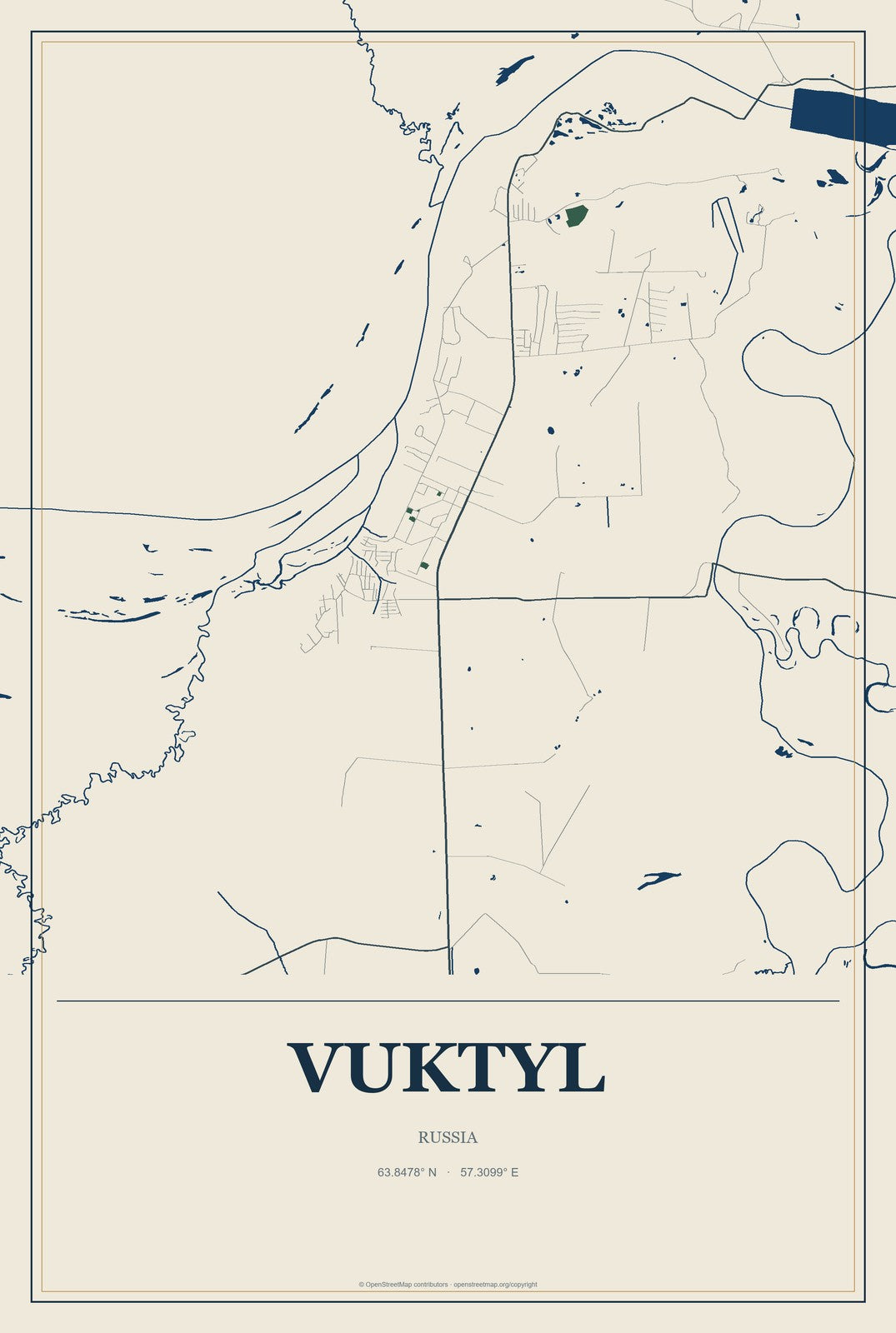 Vuktyl, Russia City Map Aluminum Sign in Coastal Cutout style