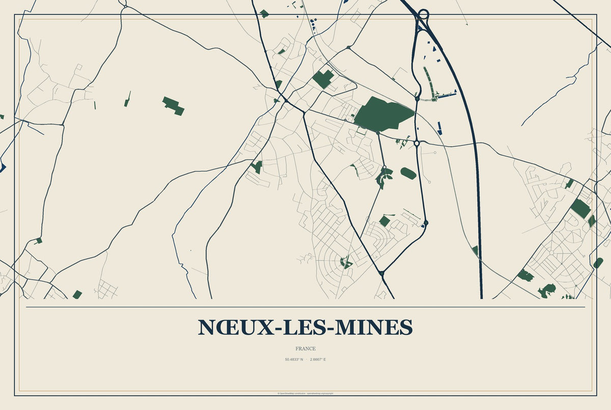 Nœux-les-Mines, France City Map Aluminum Sign in Coastal Cutout style
