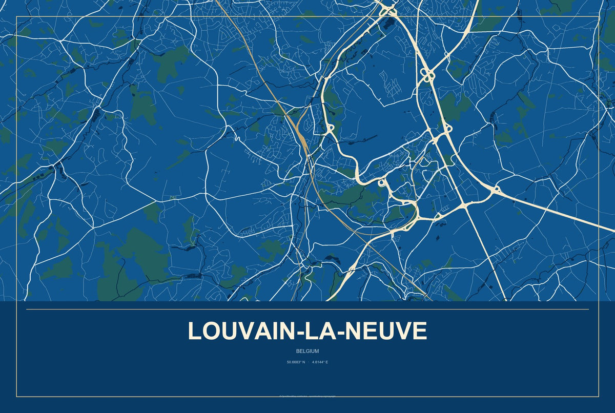 Louvain-la-Neuve, Belgium City Map Aluminum Sign in Harbor Cobalt style