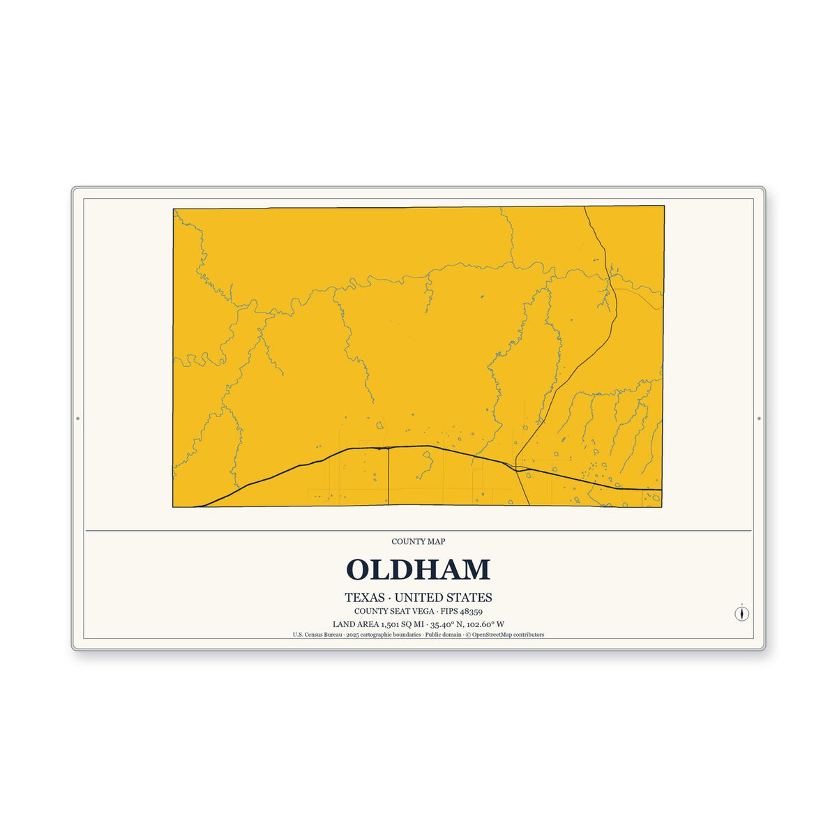 Oldham County, Texas Map Aluminum Sign in Citrine Modern style