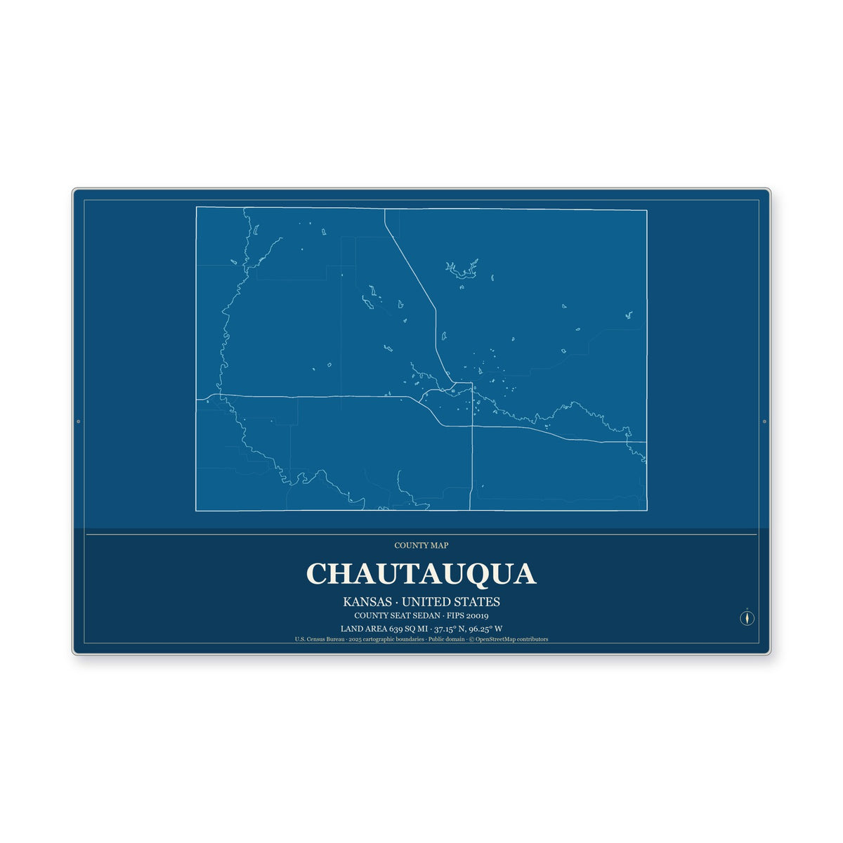 Chautauqua County, Kansas Map Aluminum Sign in Harbor Cobalt style
