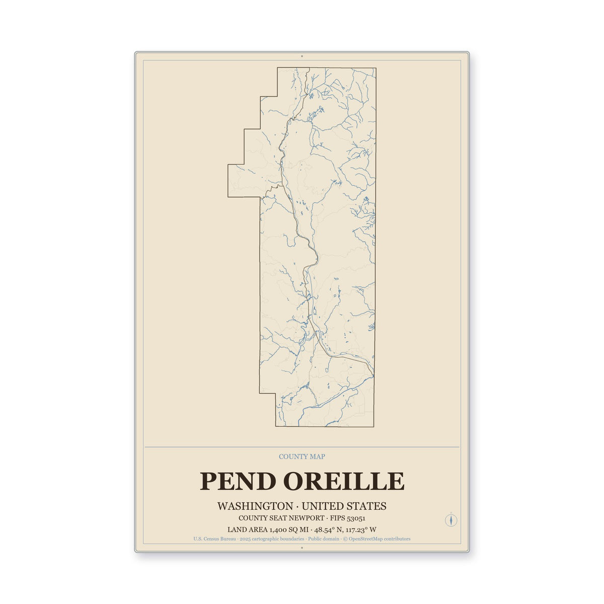 Pend Oreille County, Washington Map Aluminum Sign in Heritage Nautical style