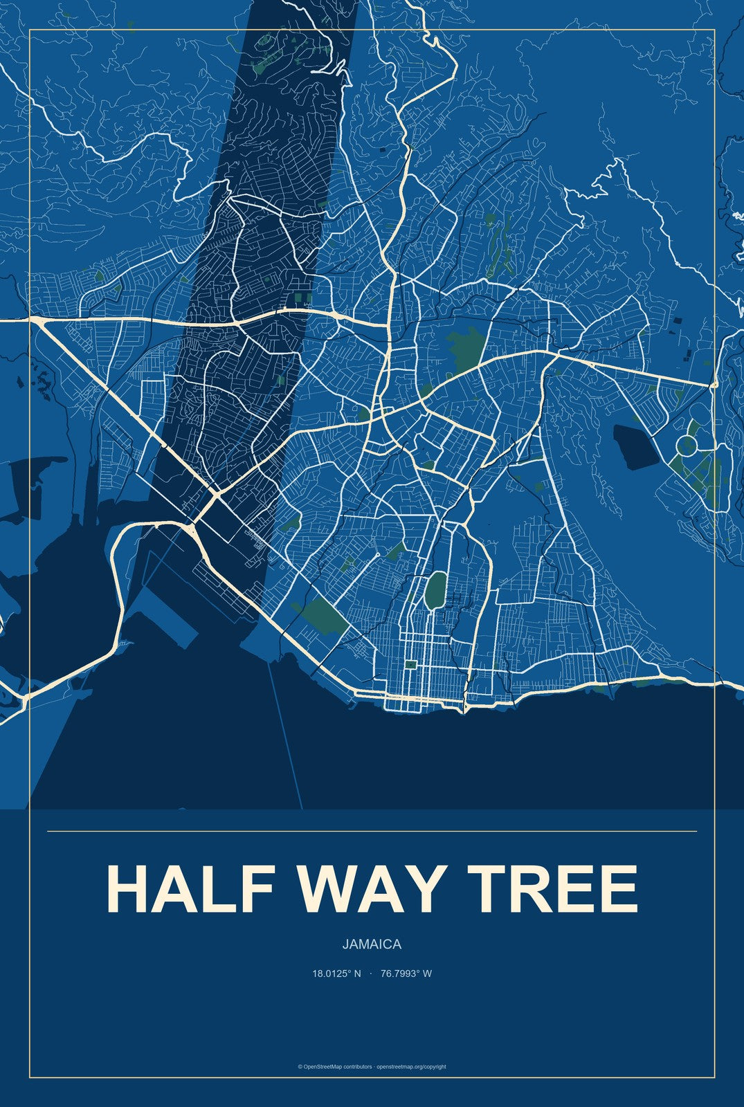 Half Way Tree, Jamaica City Map Aluminum Sign in Harbor Cobalt style