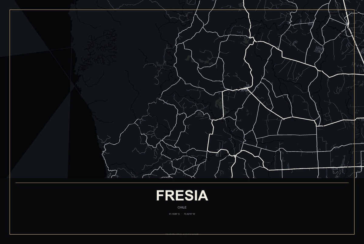 Fresia, Chile City Map Aluminum Sign in Metropolitan Noir style