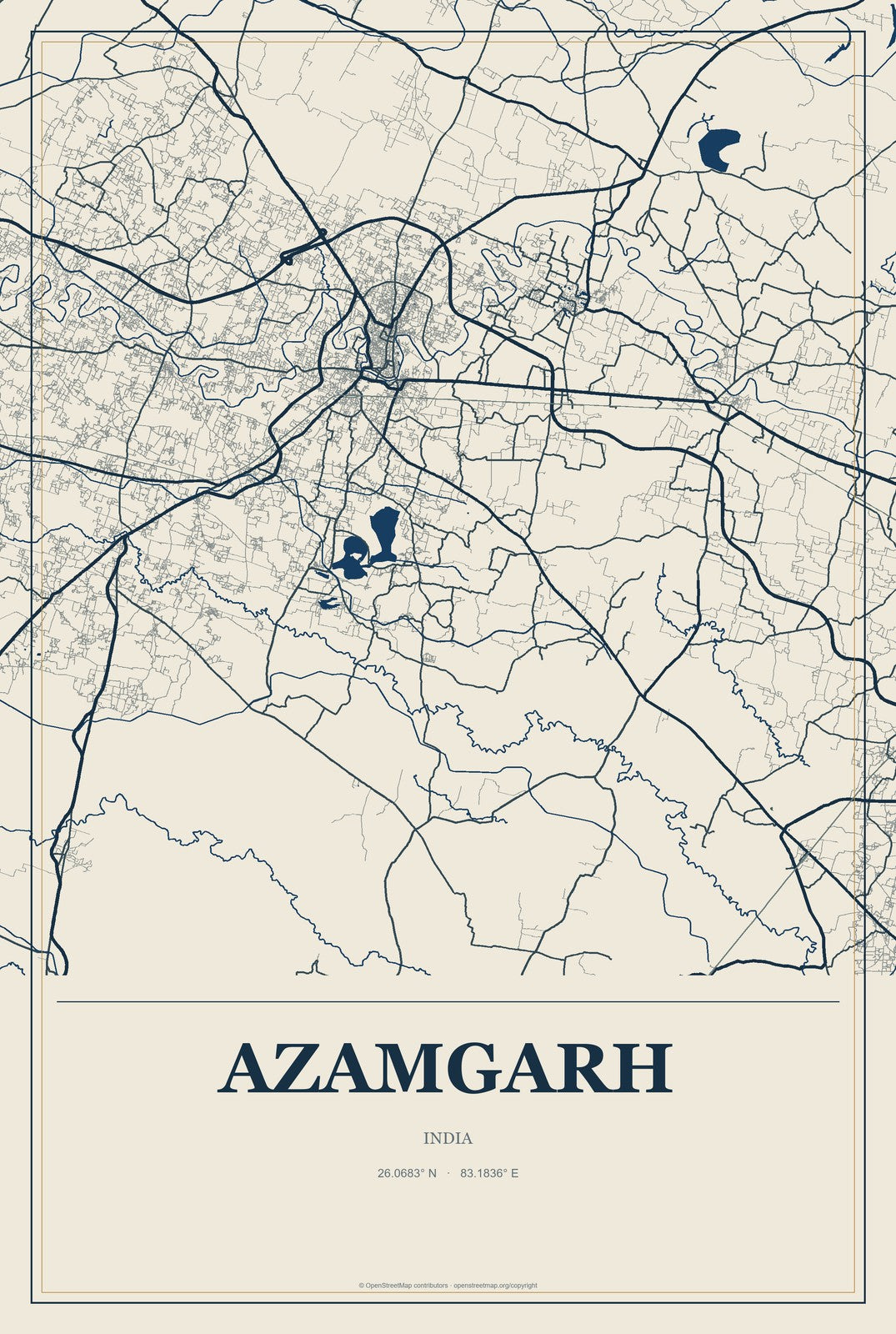 Azamgarh, India City Map Aluminum Sign in Coastal Cutout style