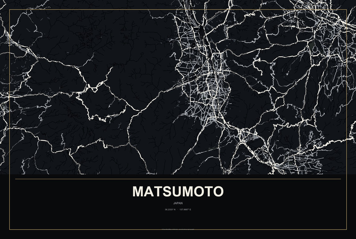 Matsumoto, Japan City Map Aluminum Sign in Metropolitan Noir style