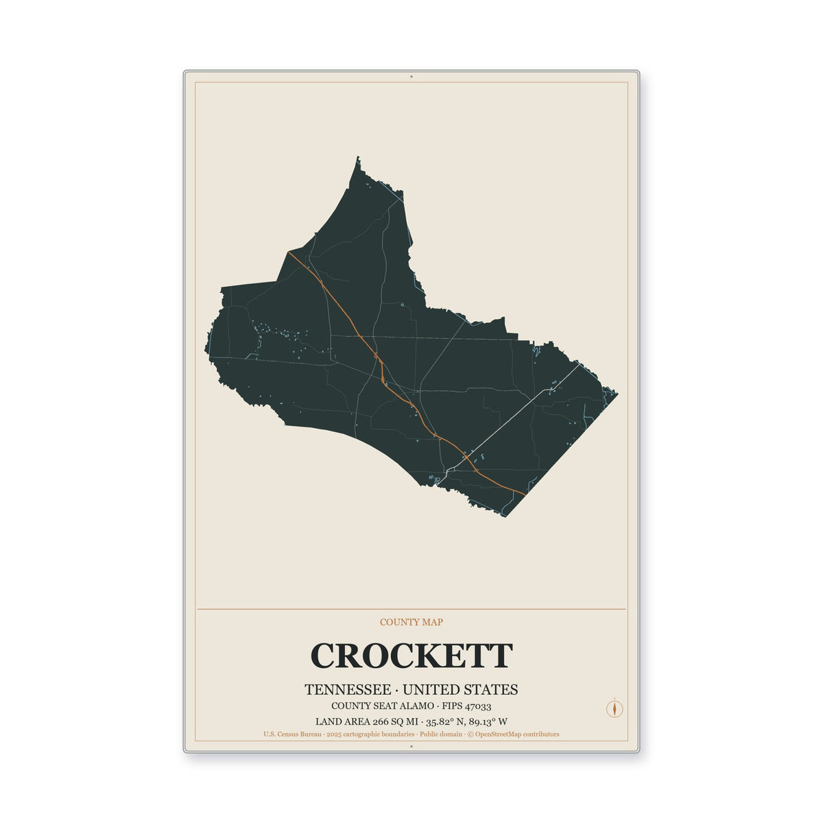 Crockett County, Tennessee Map Aluminum Sign in Headline Atlas style