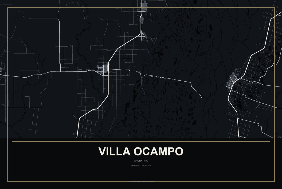 Villa Ocampo, Argentina City Map Aluminum Sign in Metropolitan Noir style