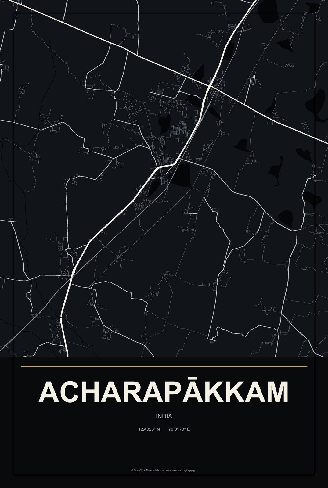 Acharapākkam, India City Map Aluminum Sign in Metropolitan Noir style