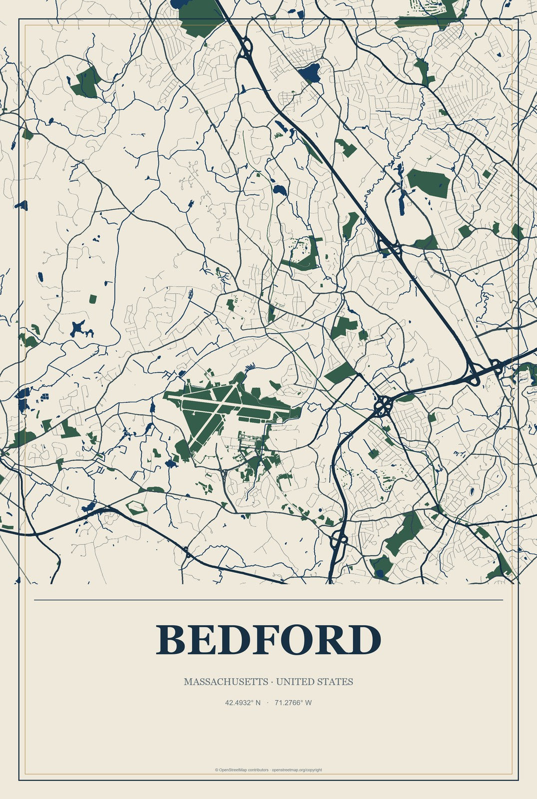Bedford, Massachusetts City Map Aluminum Sign in Coastal Cutout style