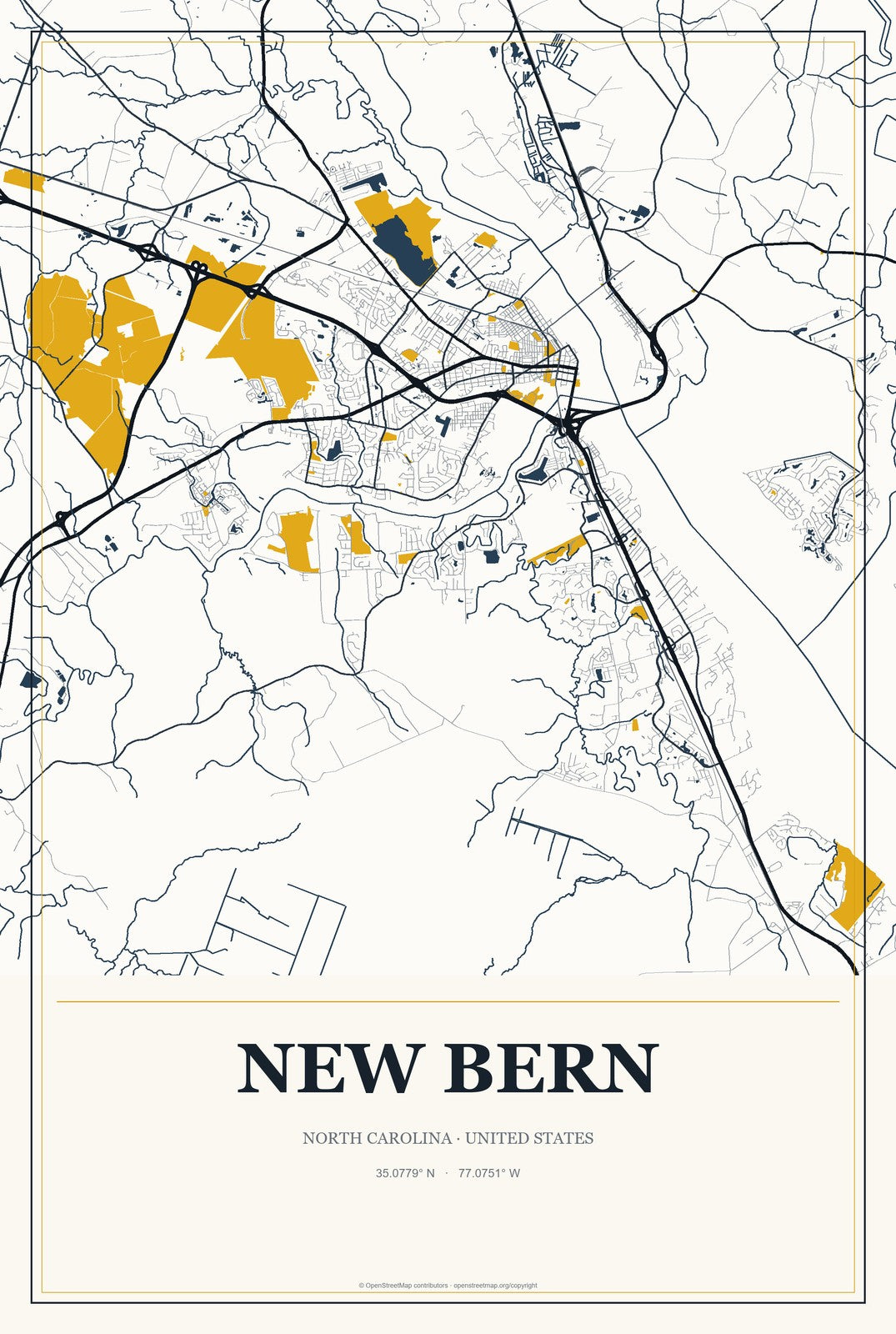 New Bern, North Carolina City Map Aluminum Sign in Citrine Modern style