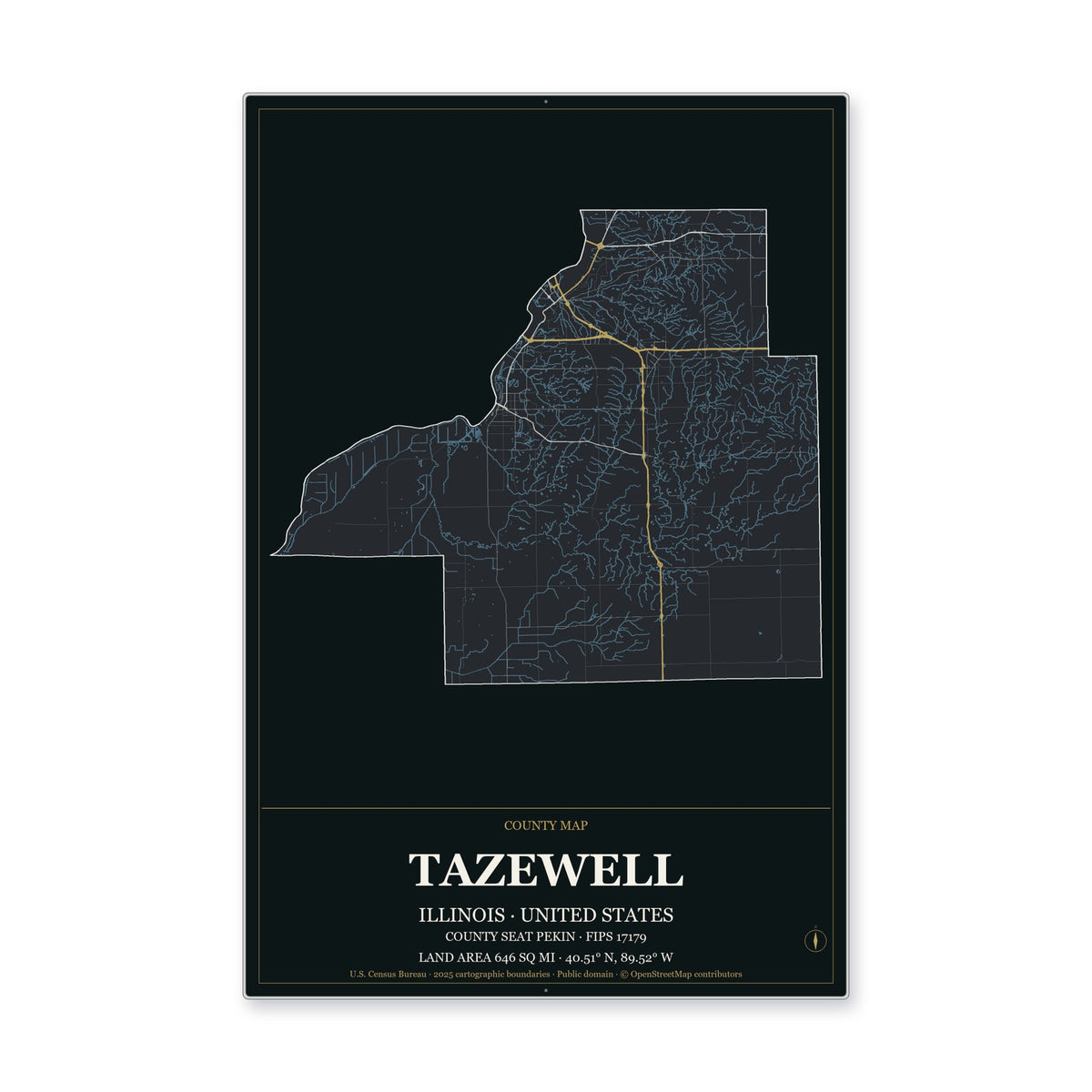Tazewell County, Illinois Map Aluminum Sign in Metropolitan Noir style