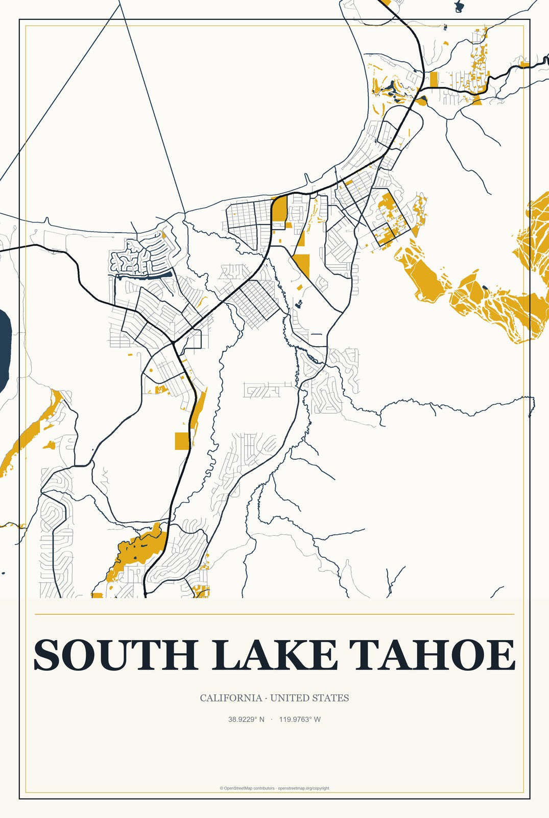 South Lake Tahoe, California City Map Aluminum Sign in Citrine Modern style