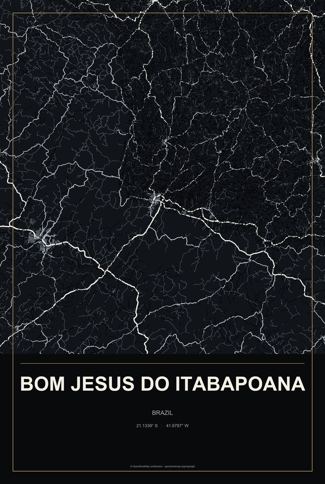 Bom Jesus do Itabapoana, Brazil City Map Aluminum Sign in Metropolitan Noir style