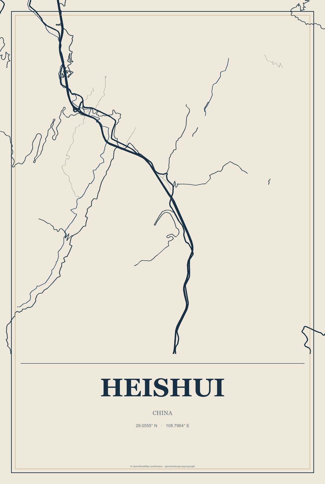 Heishui, China City Map Aluminum Sign in Coastal Cutout style