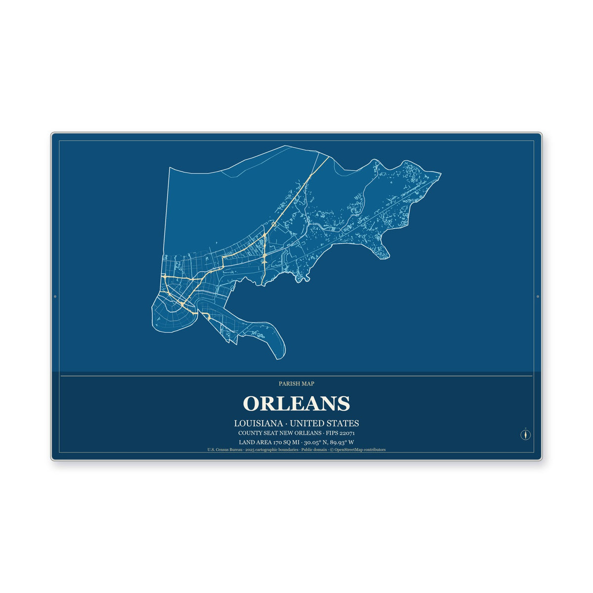 Orleans Parish, Louisiana Map Aluminum Sign in Harbor Cobalt style