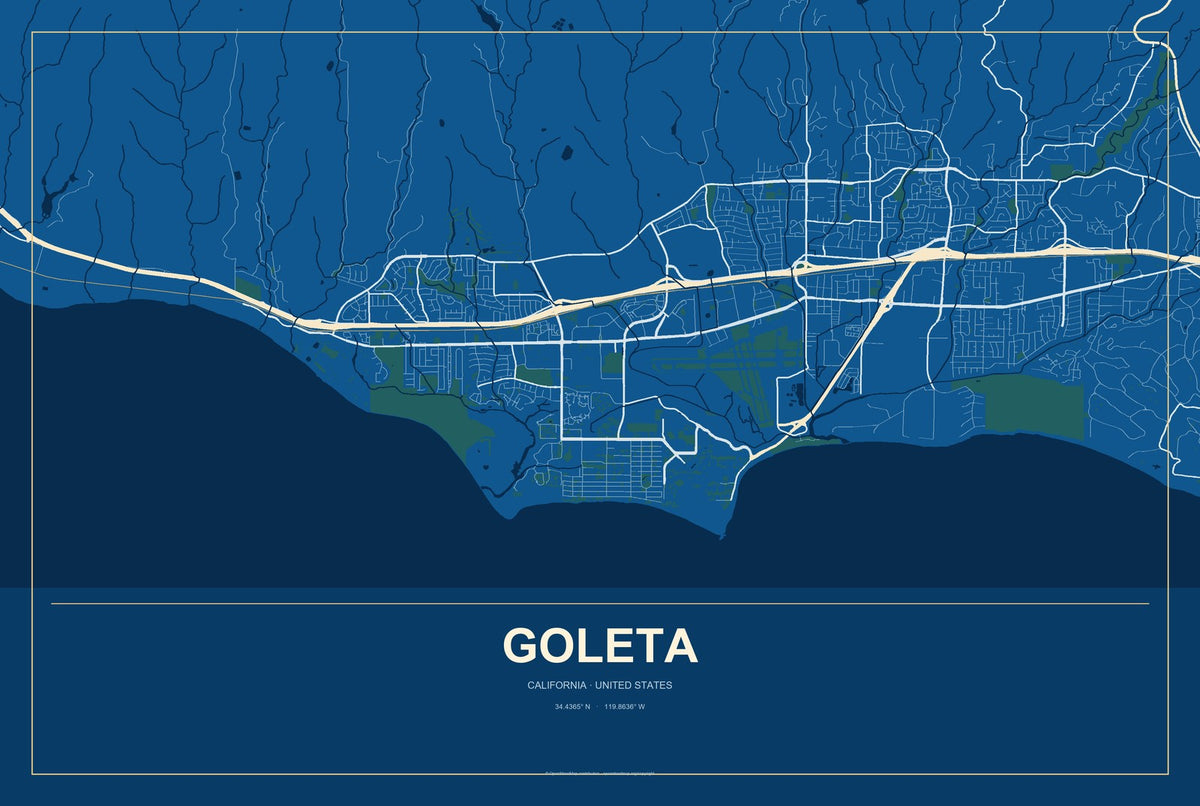 Goleta, California City Map Aluminum Sign in Harbor Cobalt style