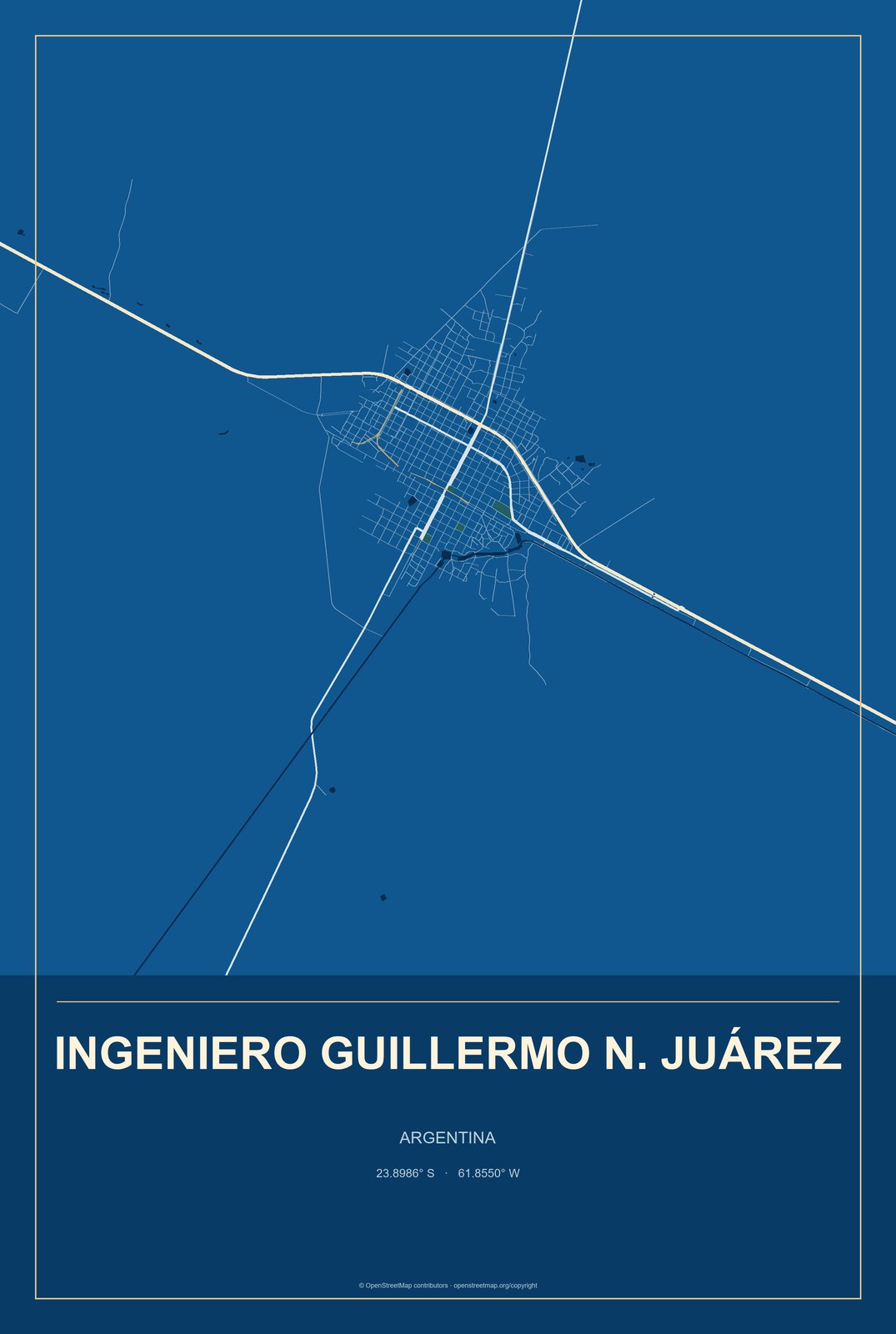 Ingeniero Guillermo N. Juárez, Argentina City Map Aluminum Sign in Harbor Cobalt style