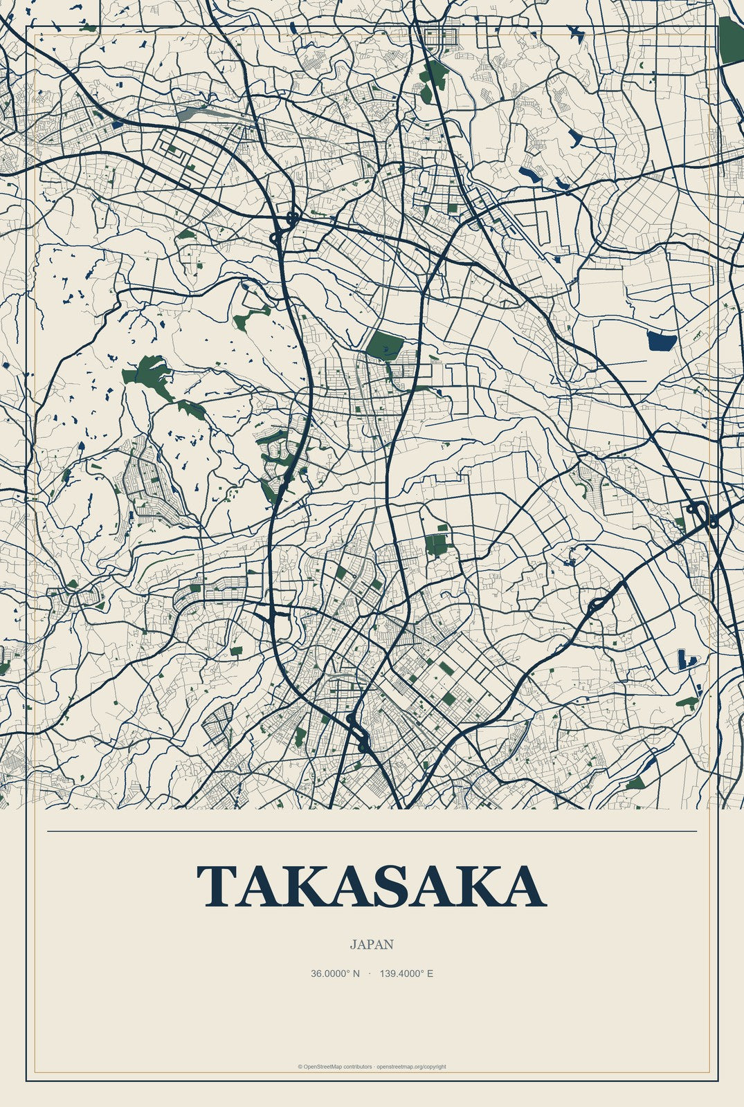 Takasaka, Japan City Map Aluminum Sign in Coastal Cutout style