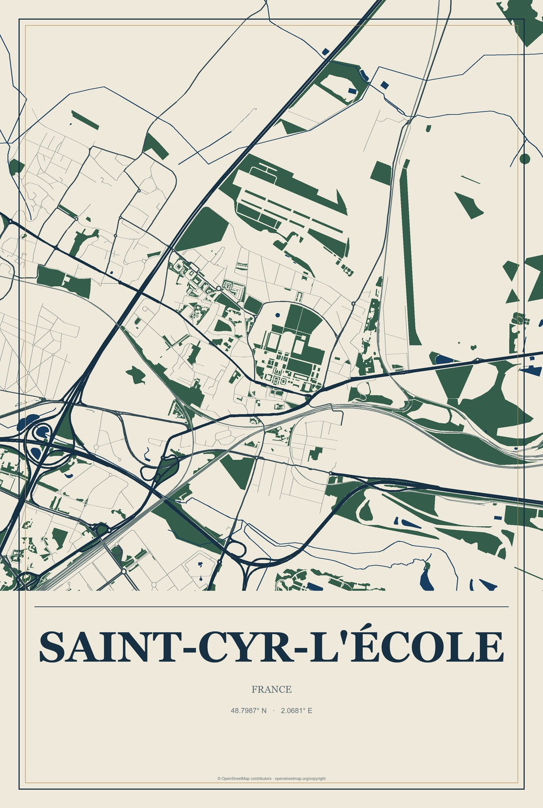 Saint-Cyr-l'École, France City Map Aluminum Sign in Coastal Cutout style