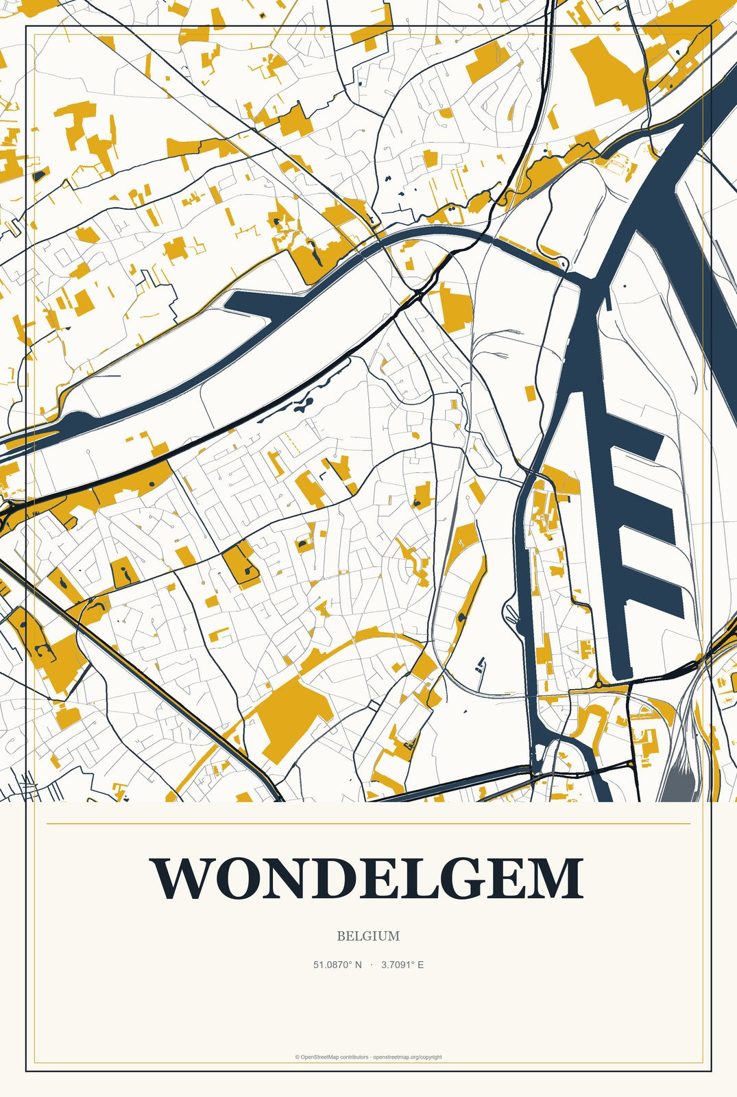 Wondelgem, Belgium City Map Aluminum Sign in Citrine Modern style