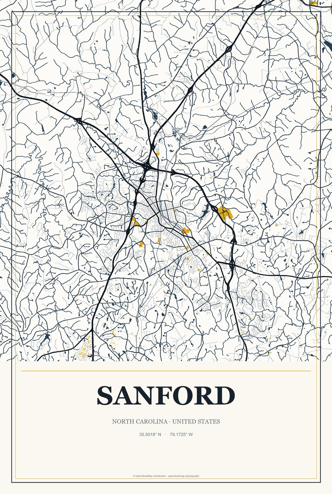 Sanford, North Carolina City Map Aluminum Sign in Citrine Modern style
