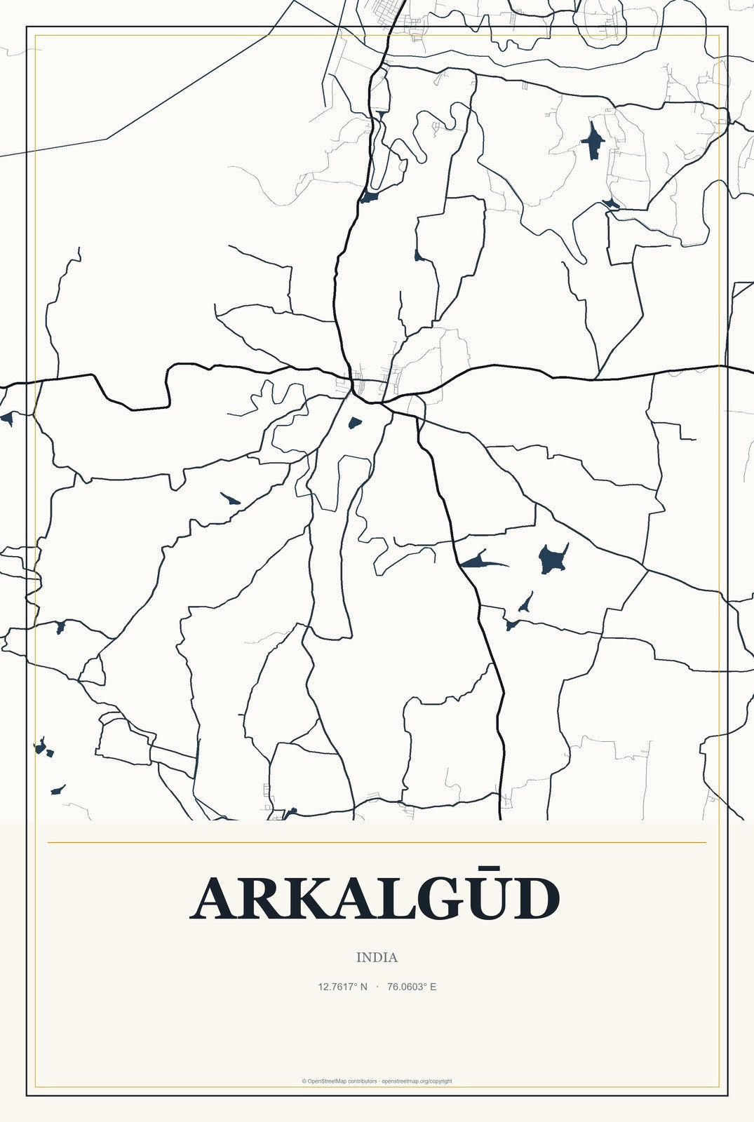 Arkalgūd, India City Map Aluminum Sign in Citrine Modern style