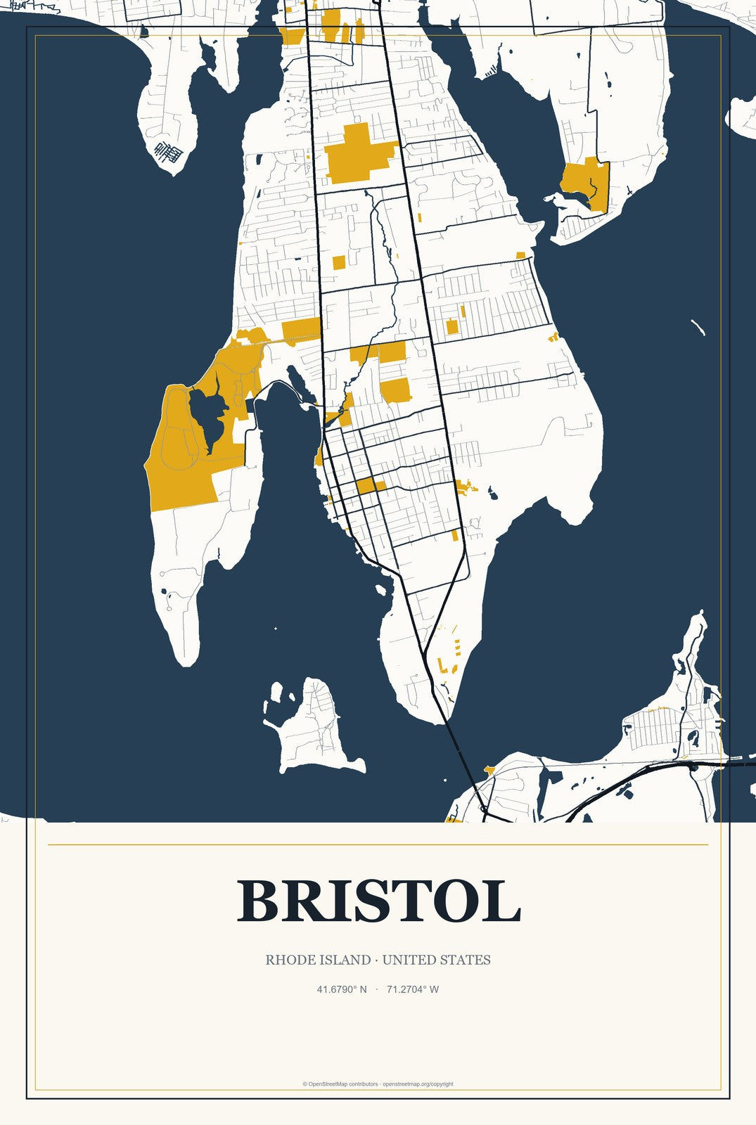 Bristol, Rhode Island City Map Aluminum Sign in Citrine Modern style
