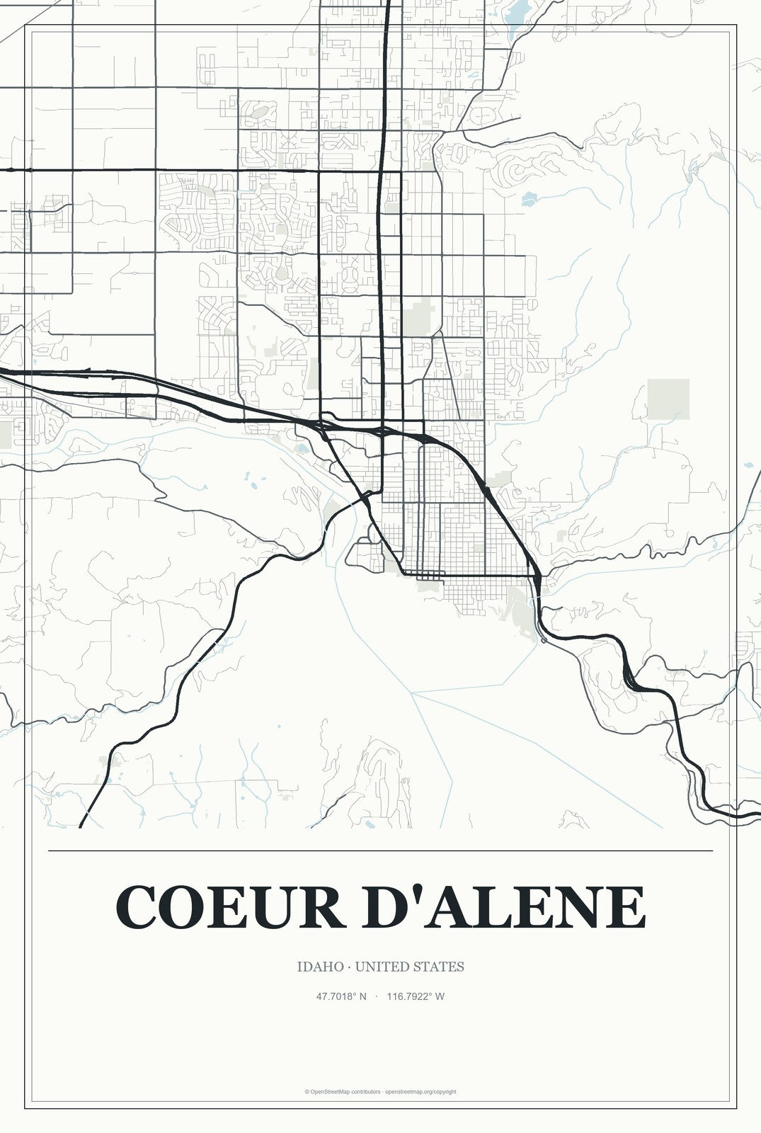 Coeur d'Alene, Idaho City Map Aluminum Sign in Gallery Air style