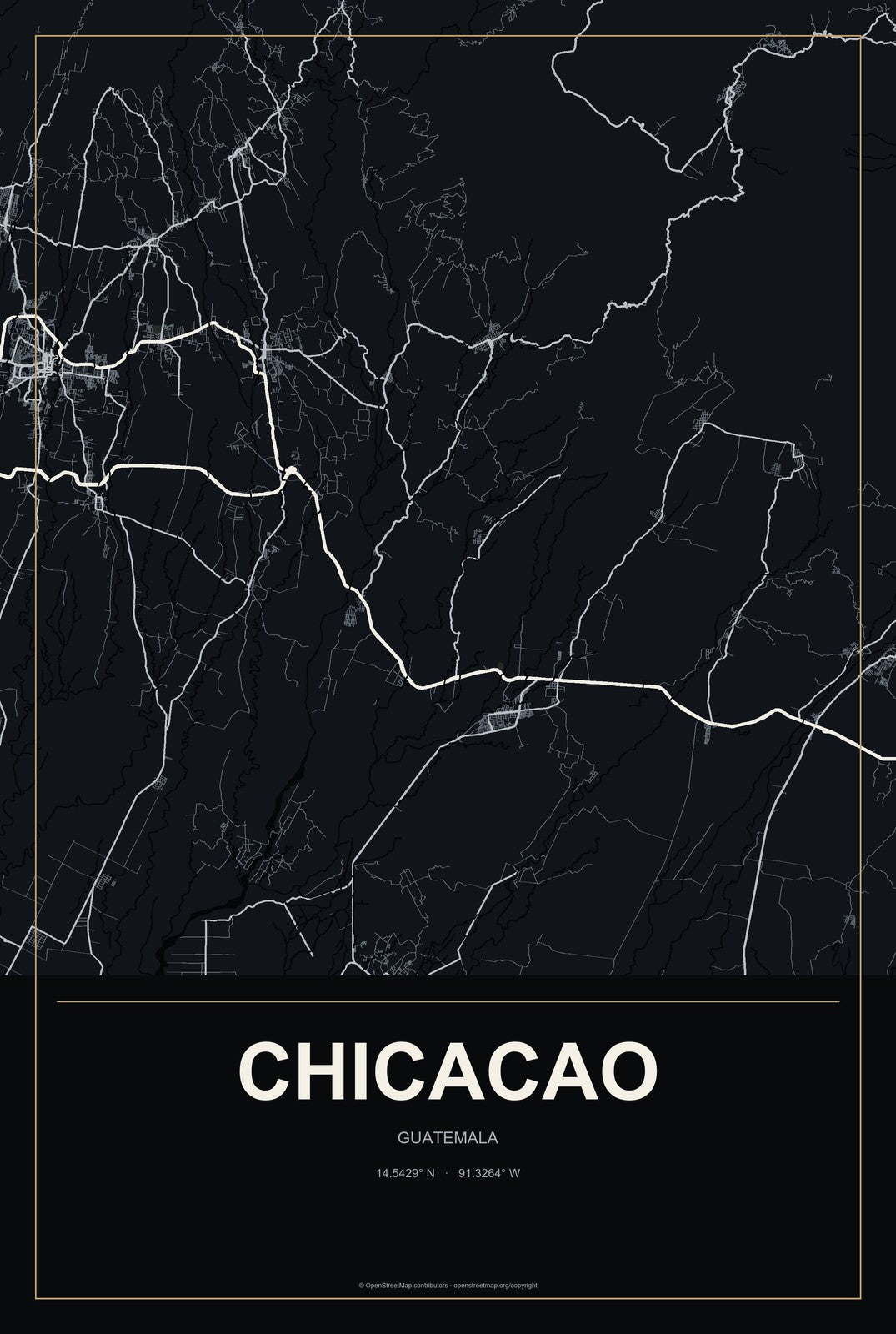 Chicacao, Guatemala City Map Aluminum Sign in Metropolitan Noir style