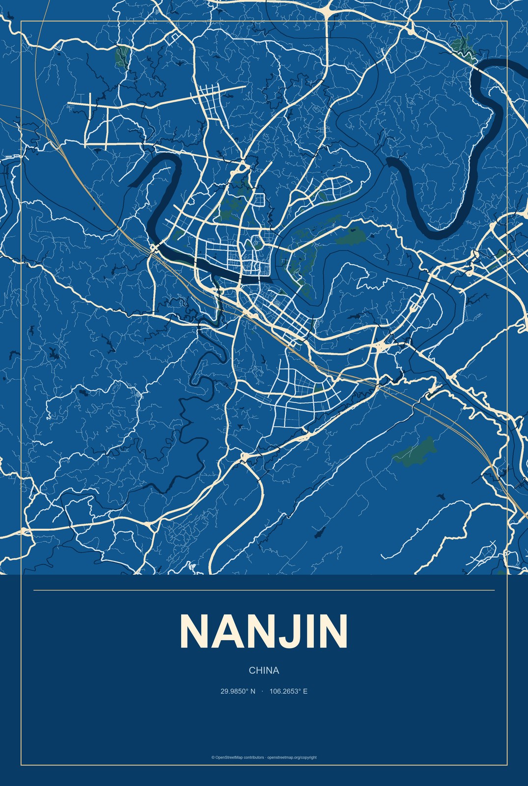 Nanjin, China City Map Aluminum Sign in Harbor Cobalt style