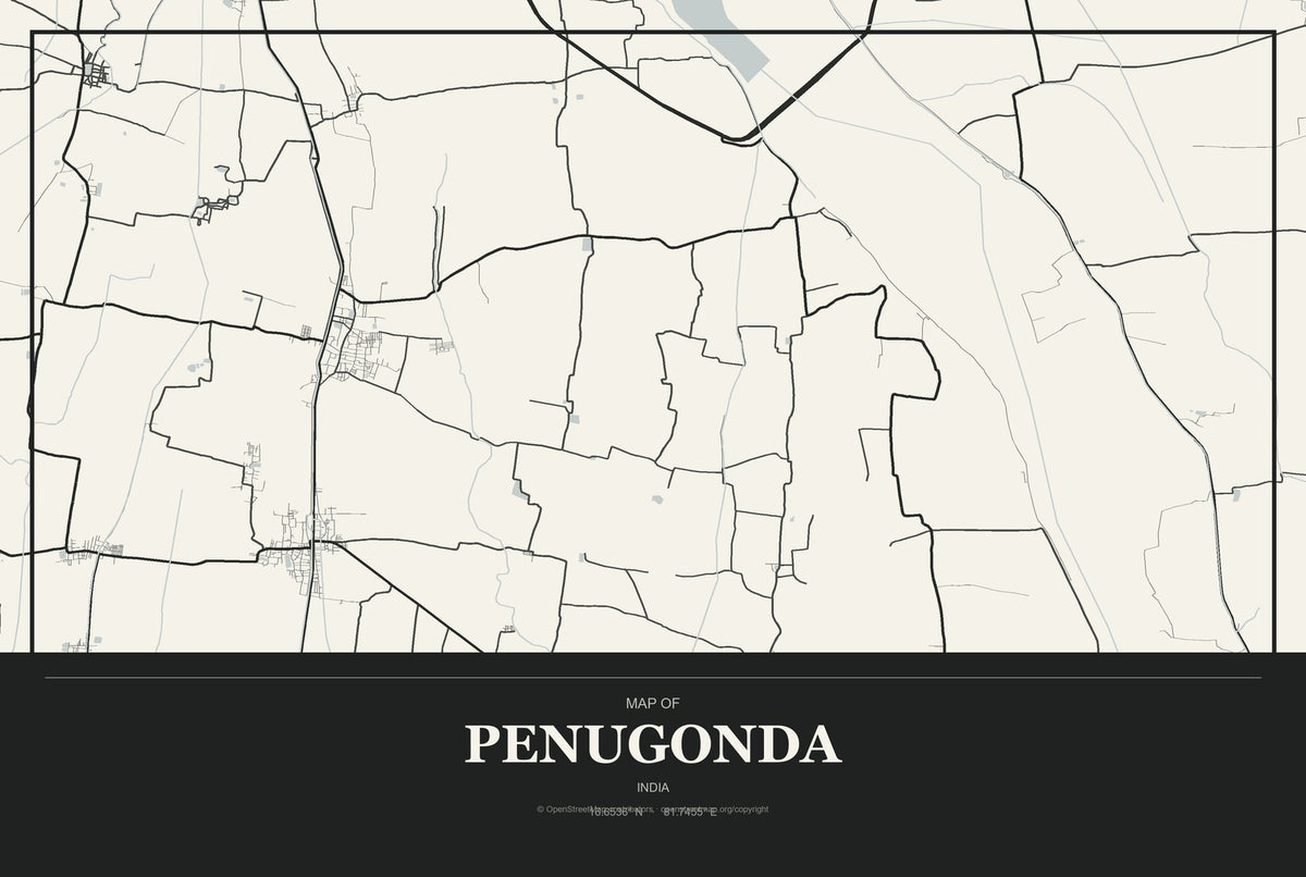 Penugonda, India City Map Aluminum Sign in Museum Plaque style