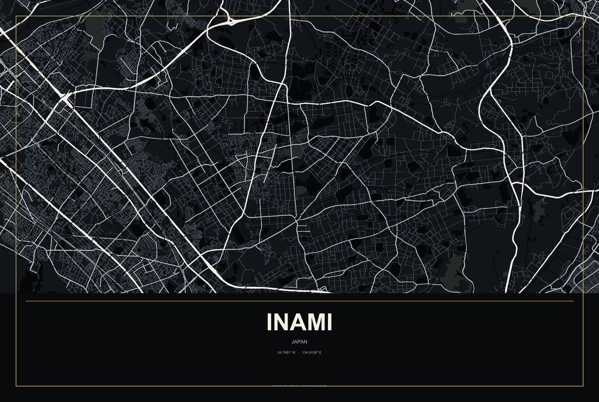 Inami, Japan City Map Aluminum Sign in Metropolitan Noir style