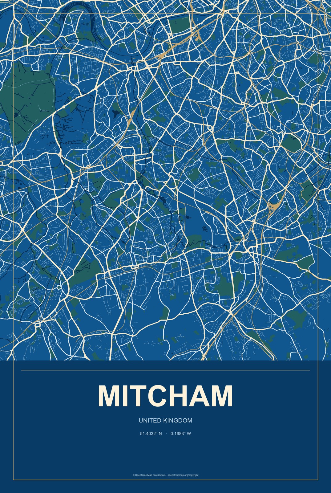 Mitcham, United Kingdom City Map Aluminum Sign in Harbor Cobalt style