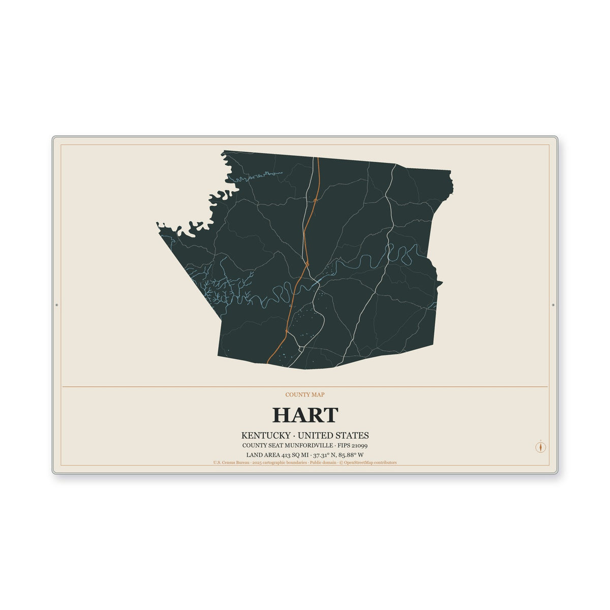 Hart County, Kentucky Map Aluminum Sign in Headline Atlas style