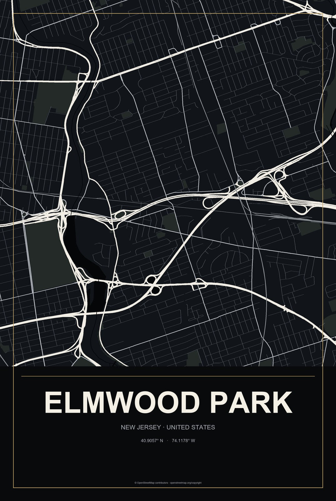 Elmwood Park, New Jersey City Map Aluminum Sign in Metropolitan Noir style