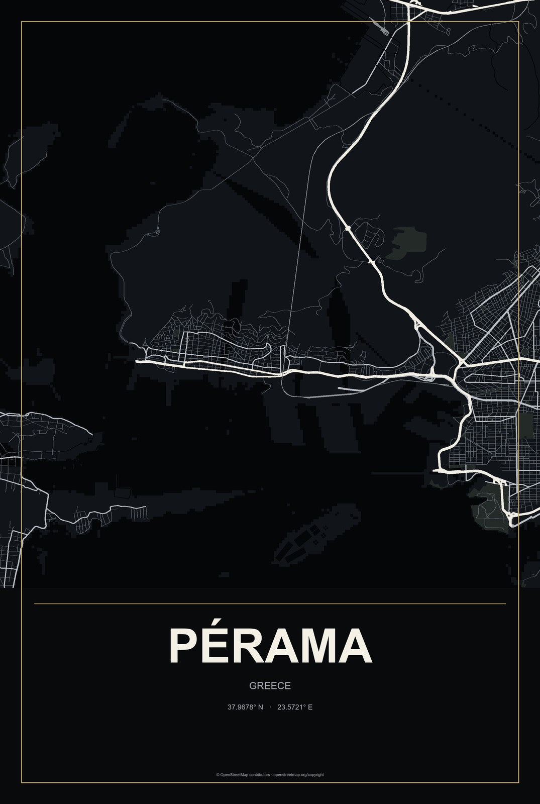 Pérama, Greece City Map Aluminum Sign in Metropolitan Noir style