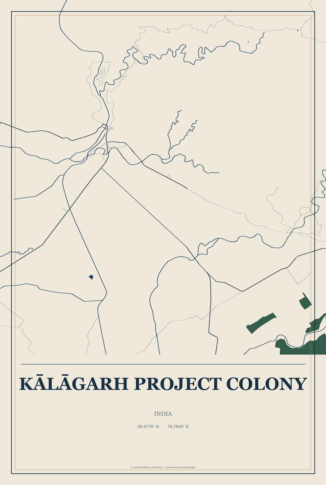 Kālāgarh Project Colony, India City Map Aluminum Sign in Coastal Cutout style