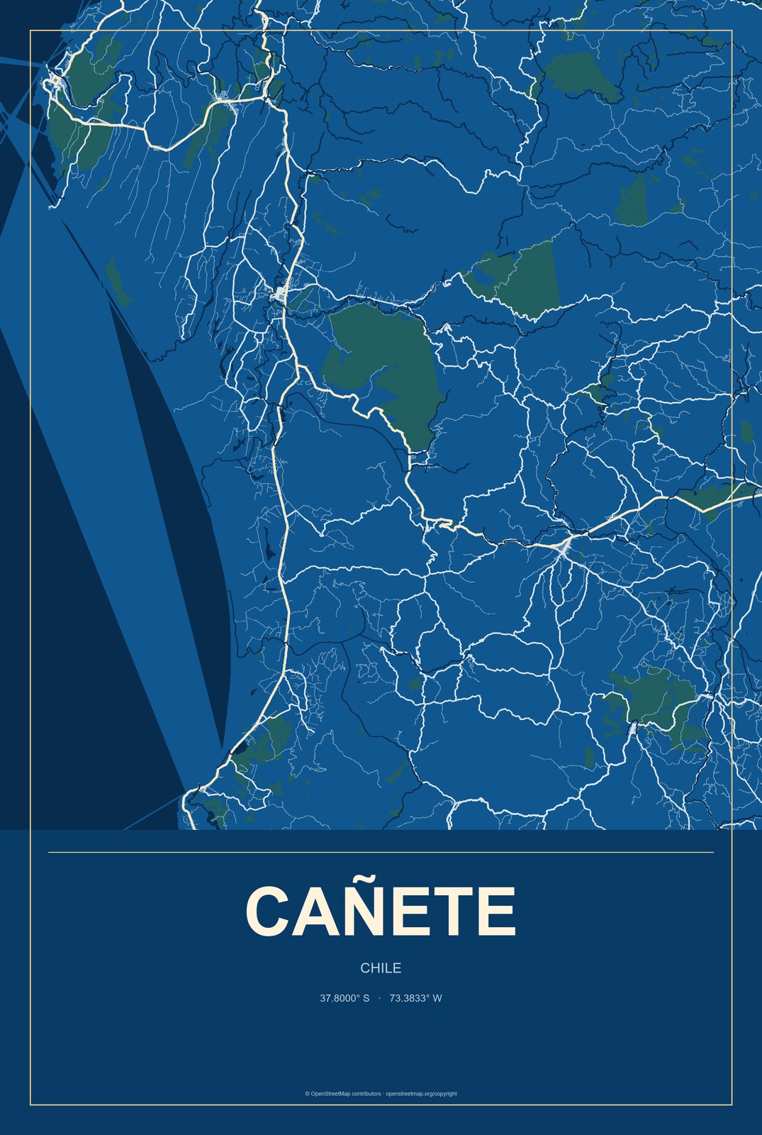 Cañete, Chile City Map Aluminum Sign in Harbor Cobalt style