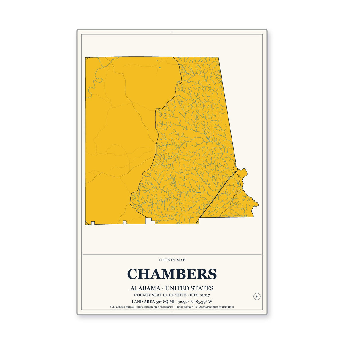Chambers County, Alabama Map Aluminum Sign in Citrine Modern style