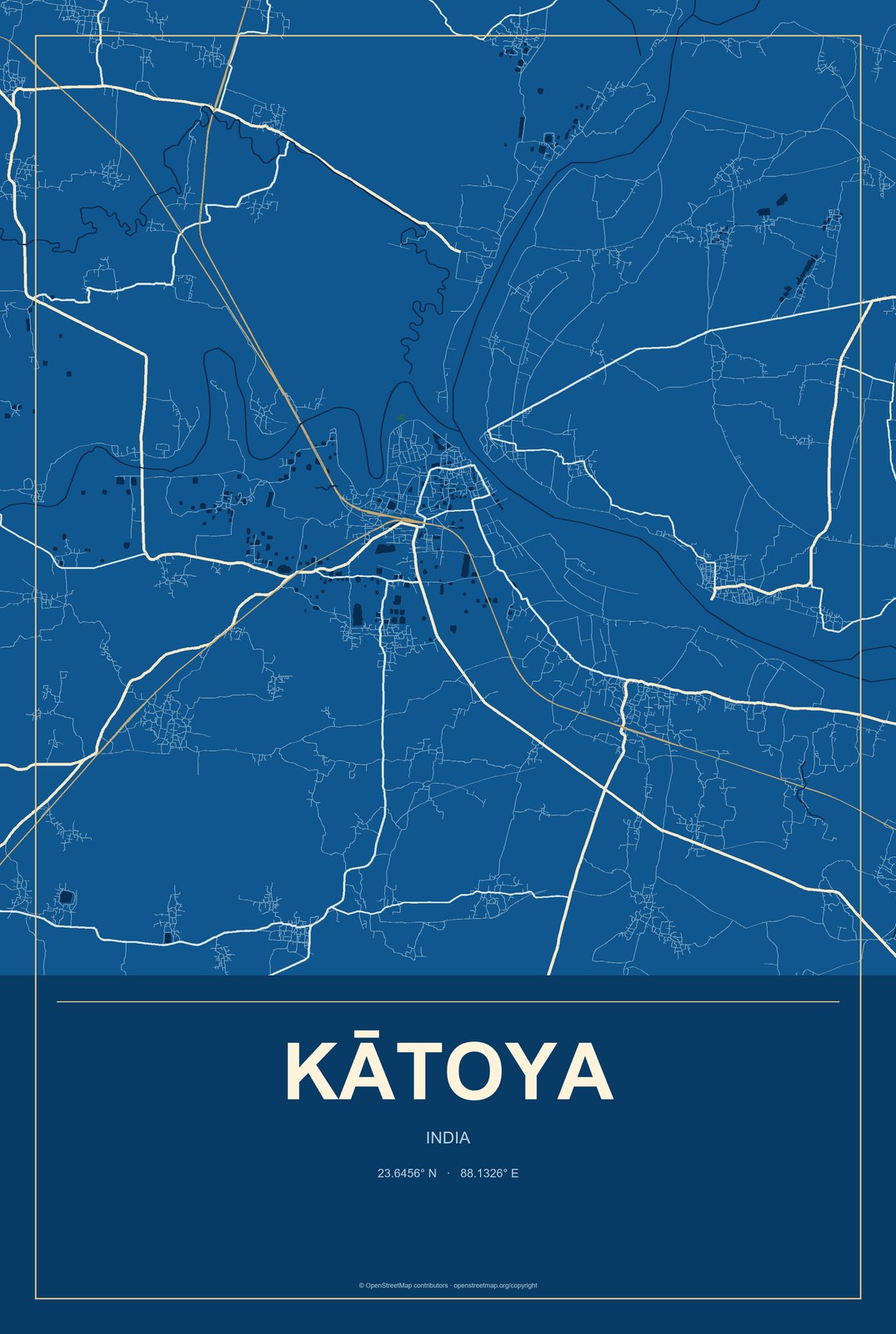 Kātoya, India City Map Aluminum Sign in Harbor Cobalt style
