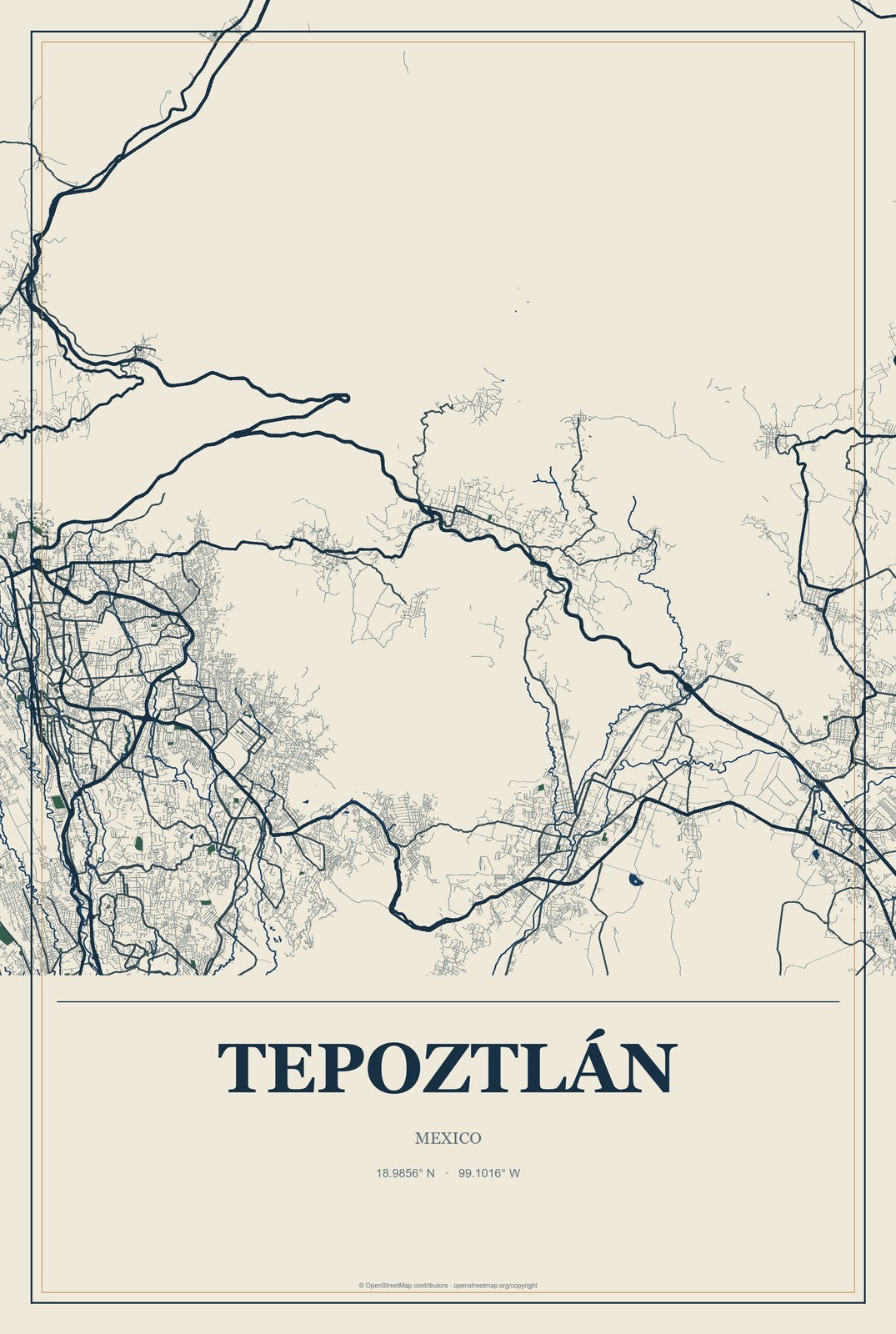 Tepoztlán, Mexico City Map Aluminum Sign in Coastal Cutout style