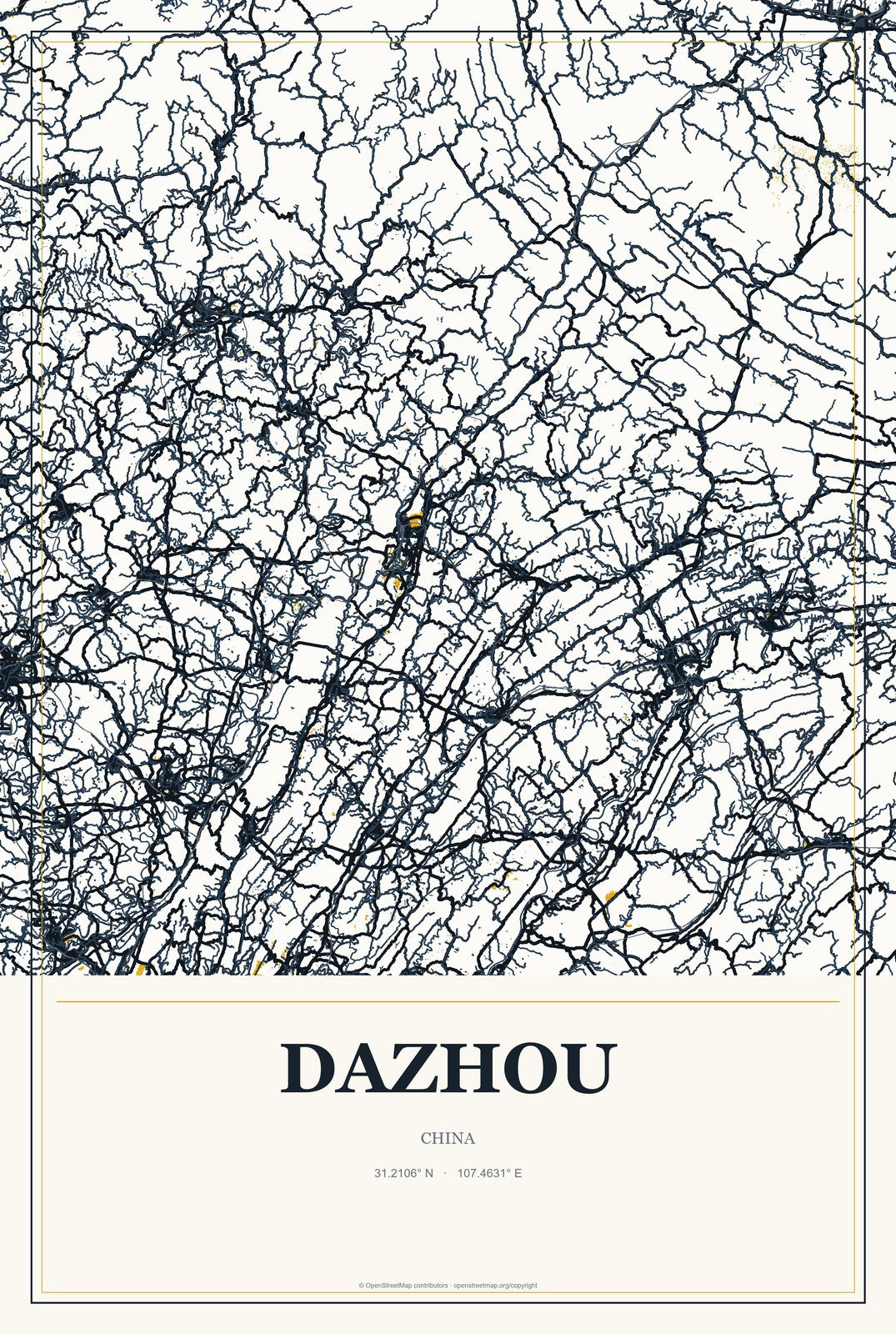 Dazhou, Chongqing, China City Map Aluminum Sign in Citrine Modern style