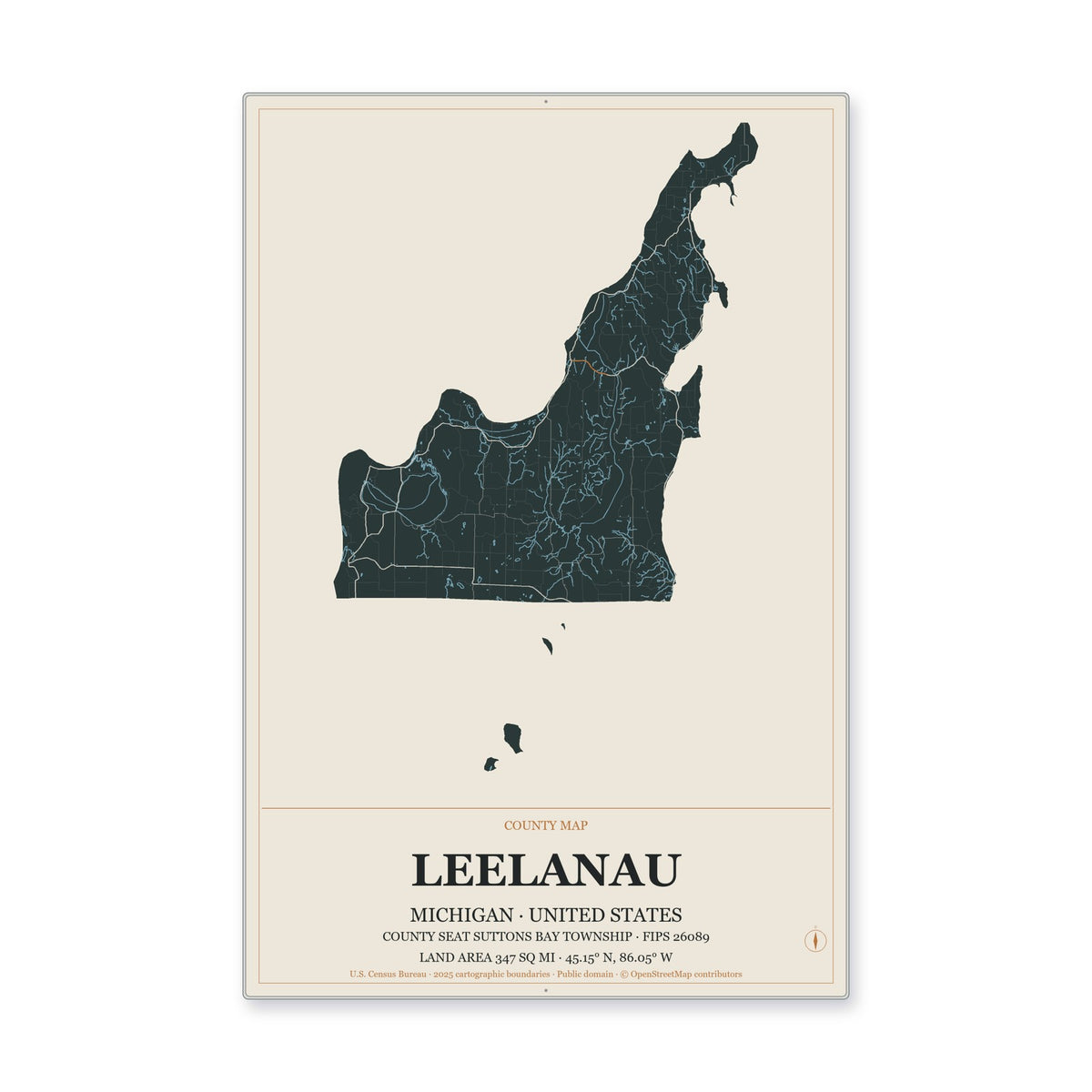 Leelanau County, Michigan Map Aluminum Sign in Headline Atlas style