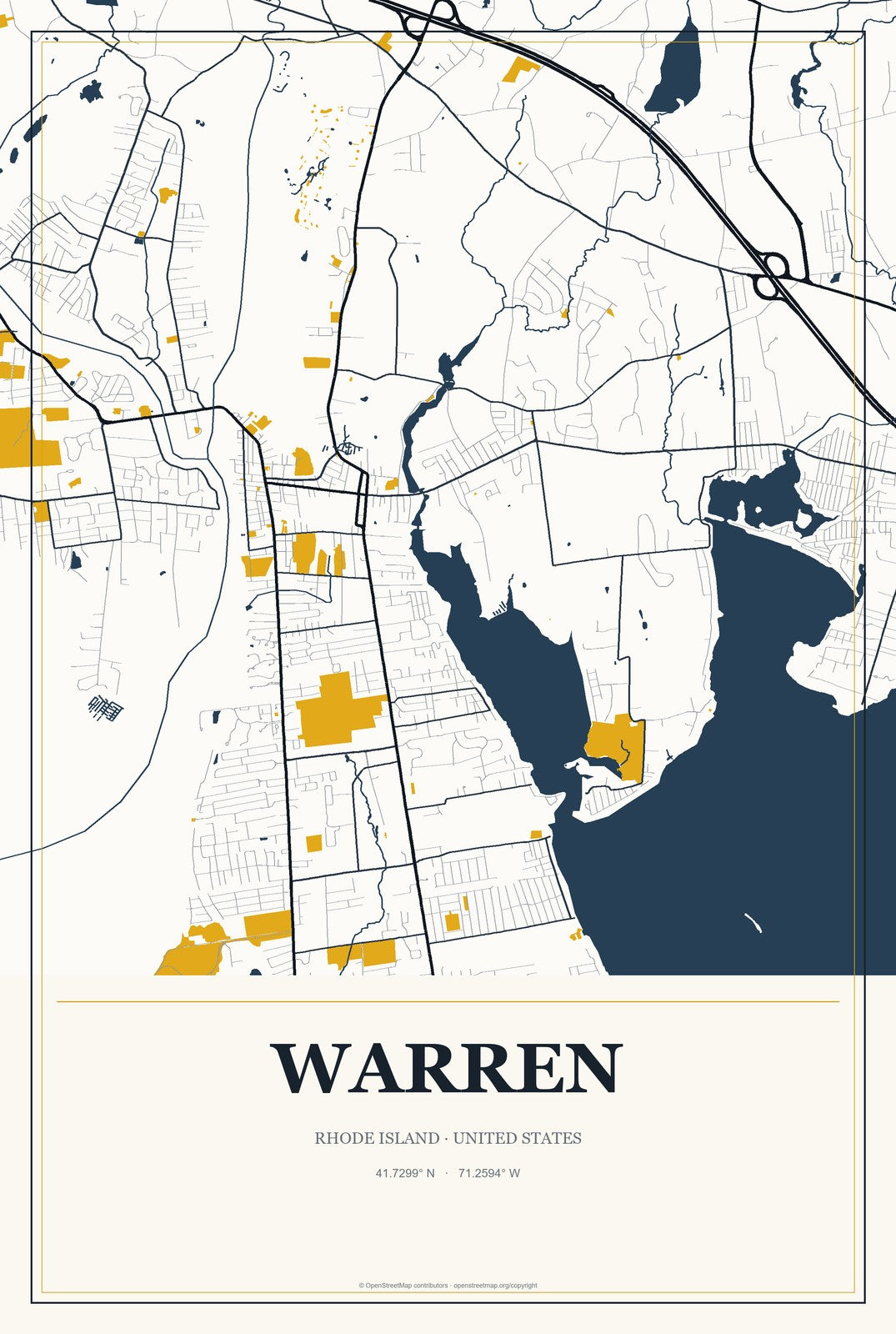 Warren, Rhode Island City Map Aluminum Sign in Citrine Modern style