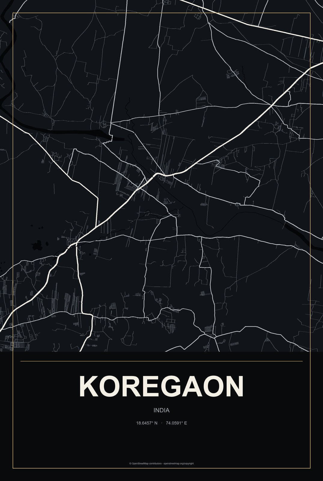 Koregaon, India City Map Aluminum Sign in Metropolitan Noir style