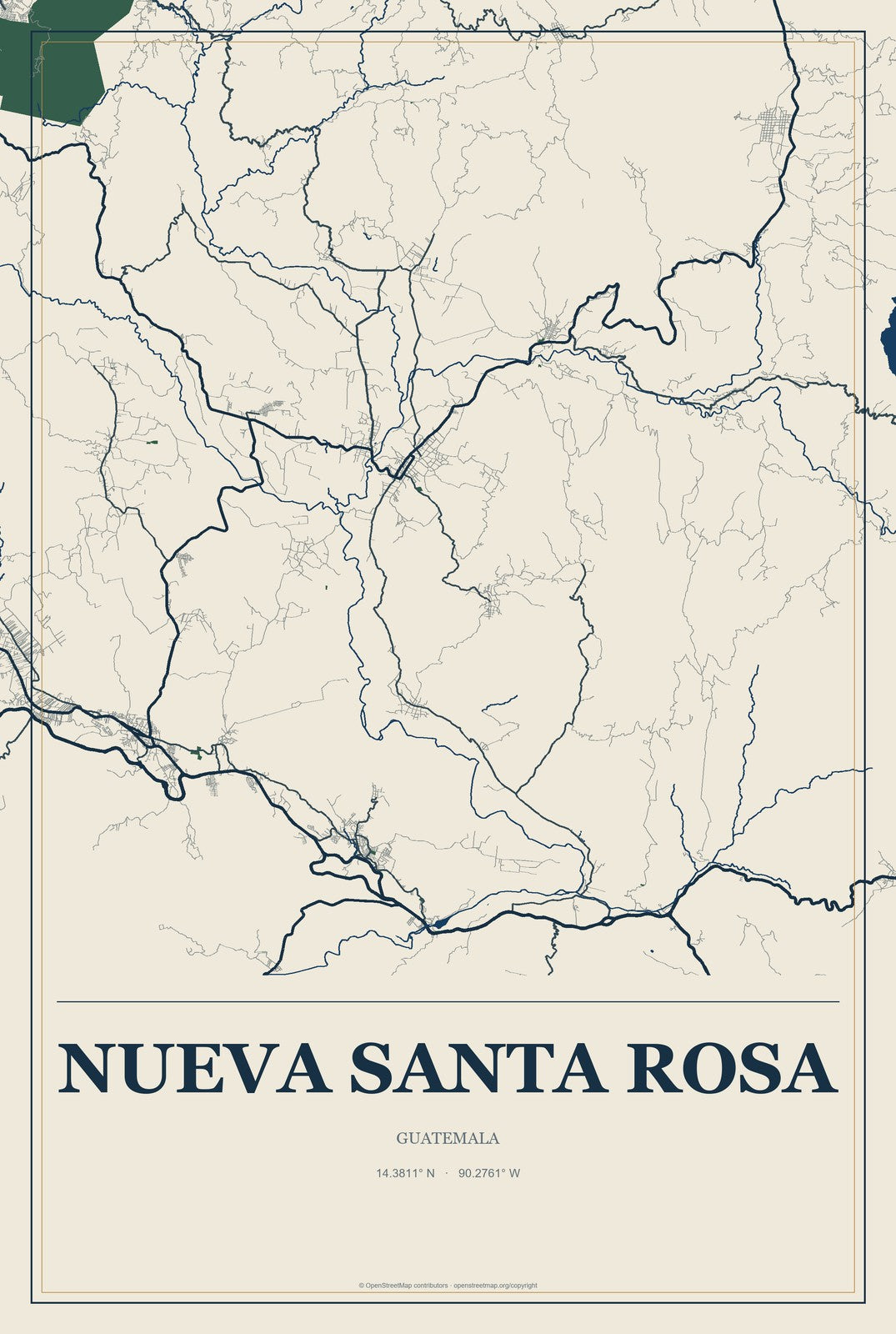 Nueva Santa Rosa, Guatemala City Map Aluminum Sign in Coastal Cutout style