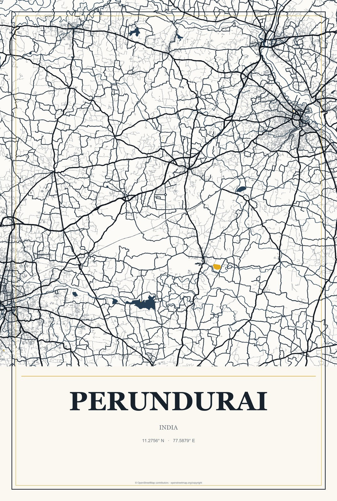Perundurai, India City Map Aluminum Sign in Citrine Modern style